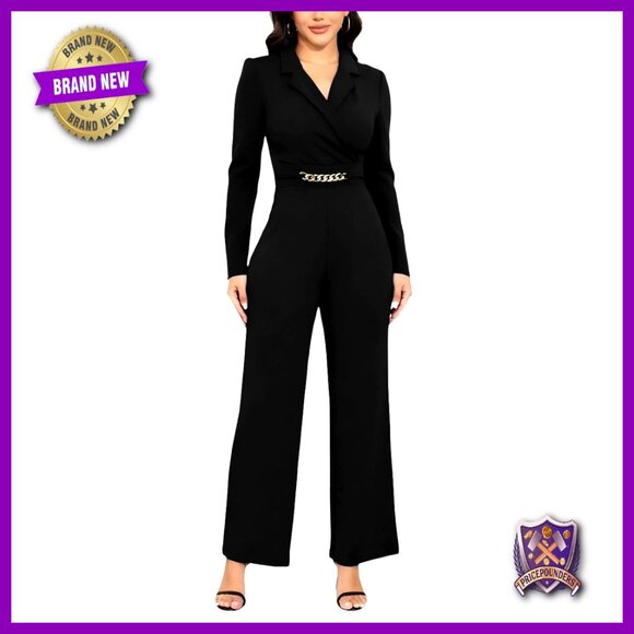 Long Sleeve Jumpsuit with Belt Pockets and Wrap Front for Work or Party